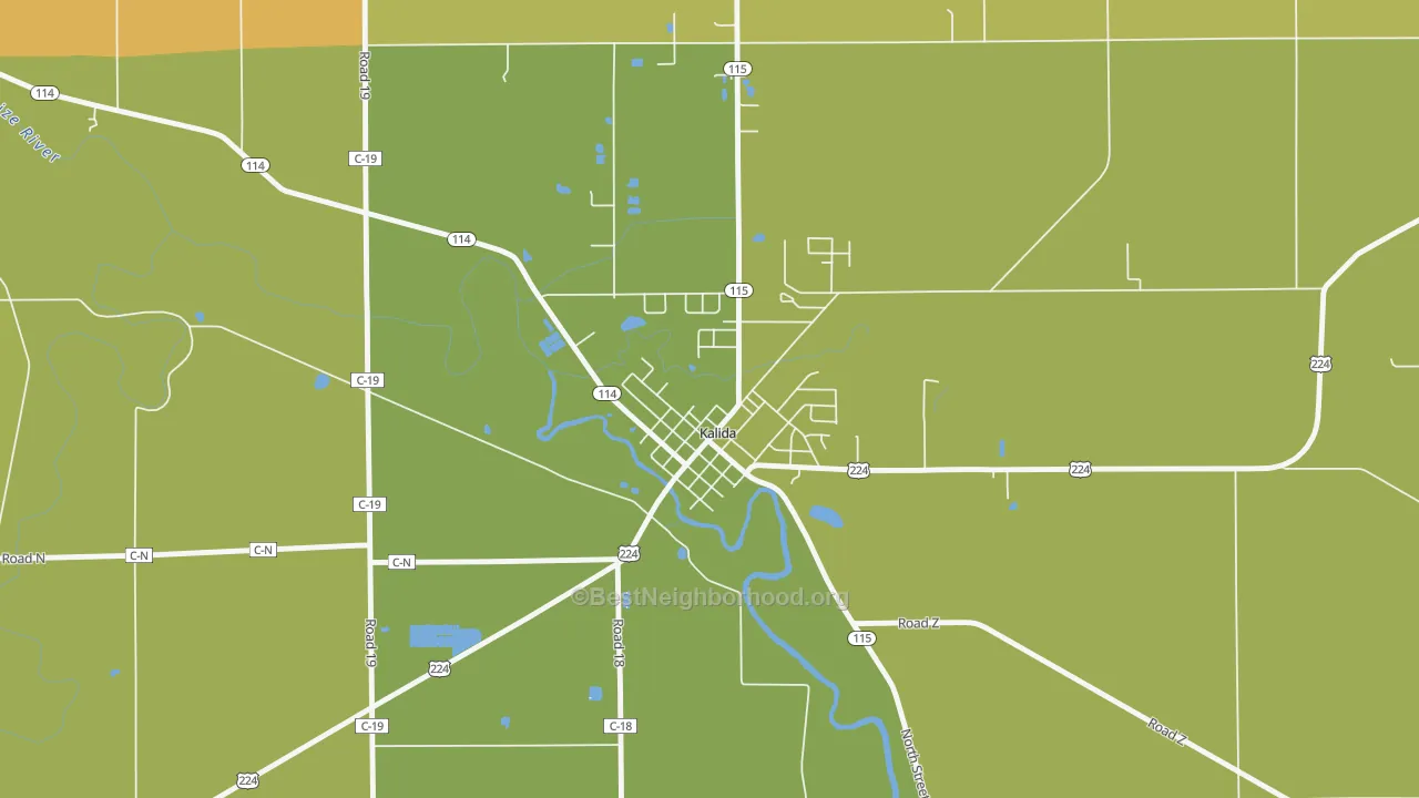 Map of the best neighborhoods in the 45853 area, with better matches in green and worse matches in red