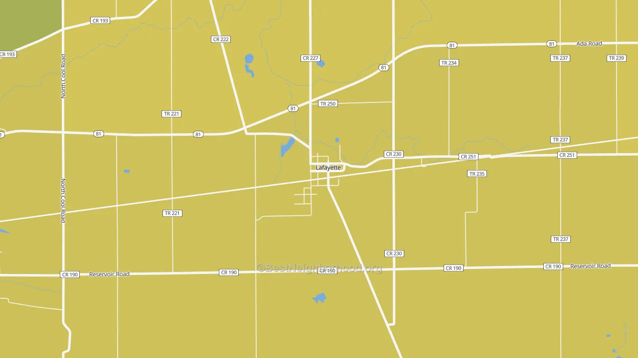 Map of the best neighborhoods in the 45854 area, with better matches in green and worse matches in red