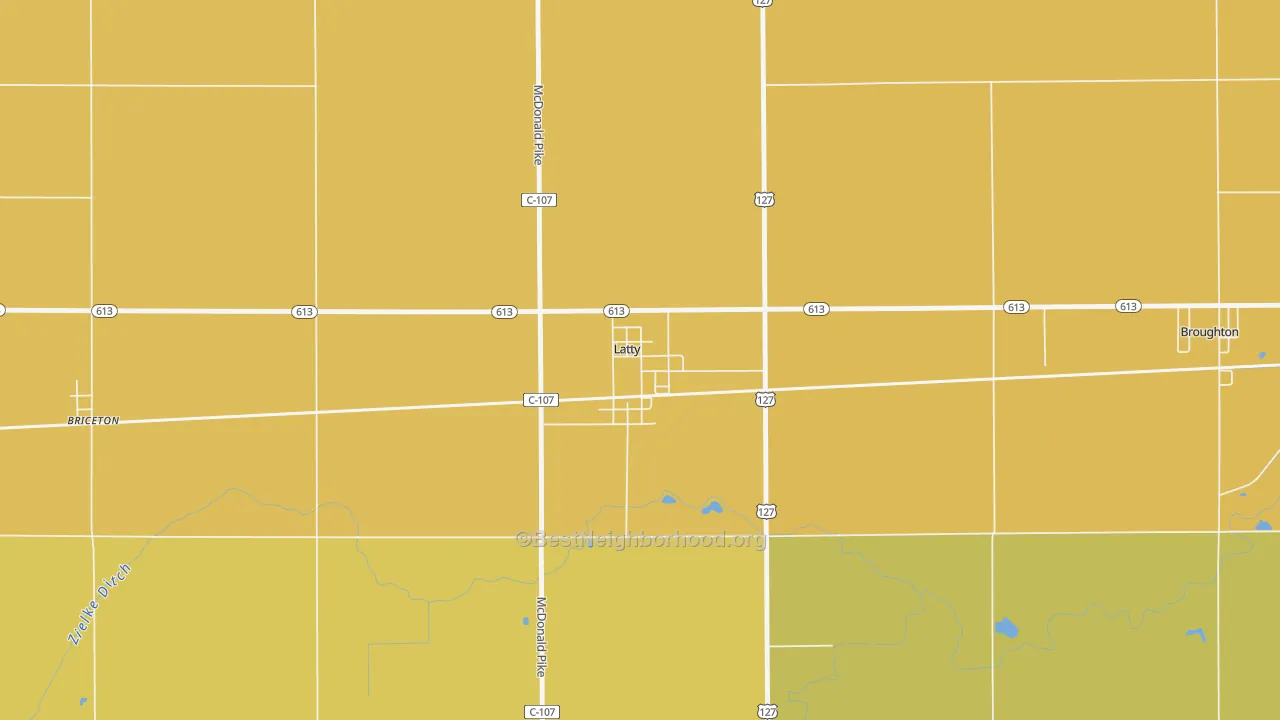 Map of the best neighborhoods in the 45855 area, with better matches in green and worse matches in red