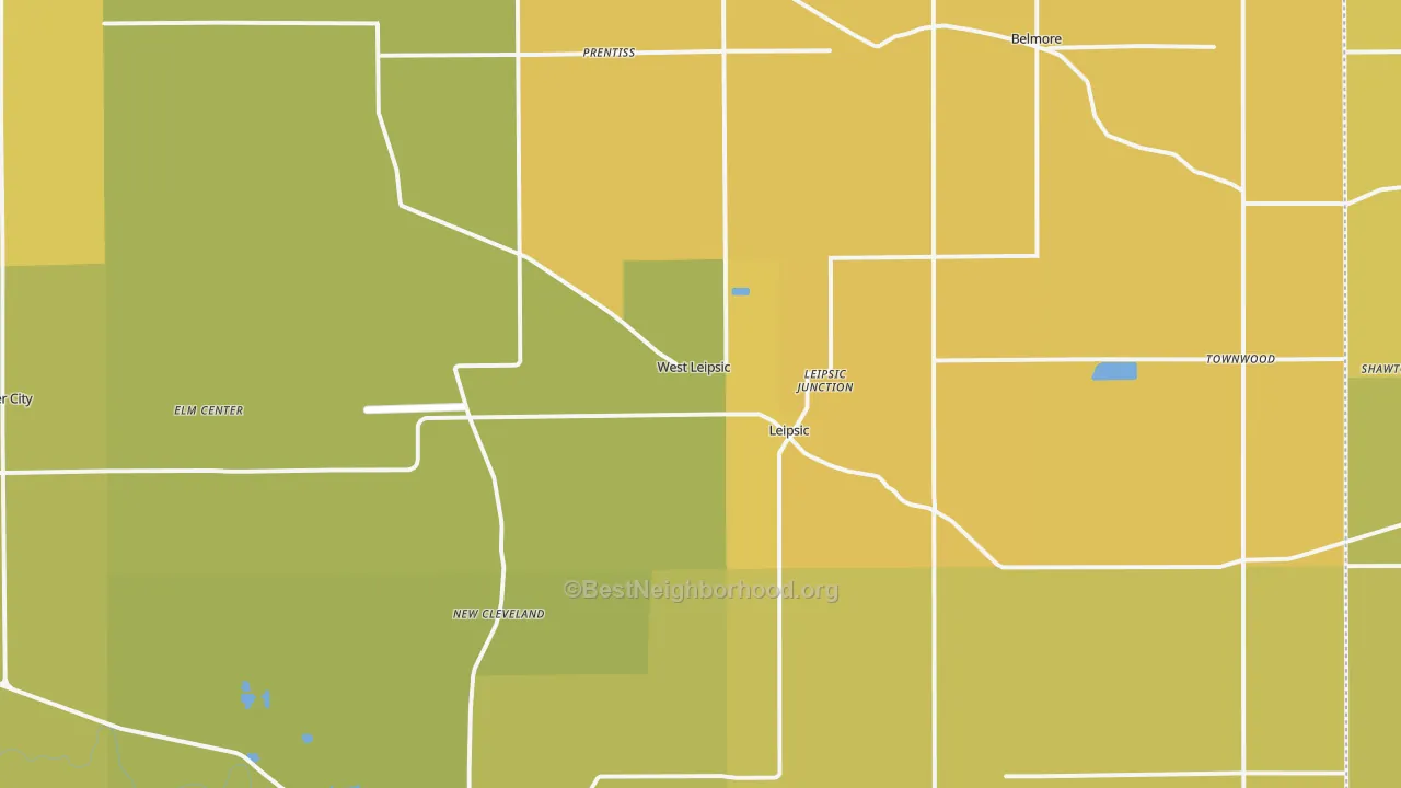 Map of the best neighborhoods in the 45856 area, with better matches in green and worse matches in red