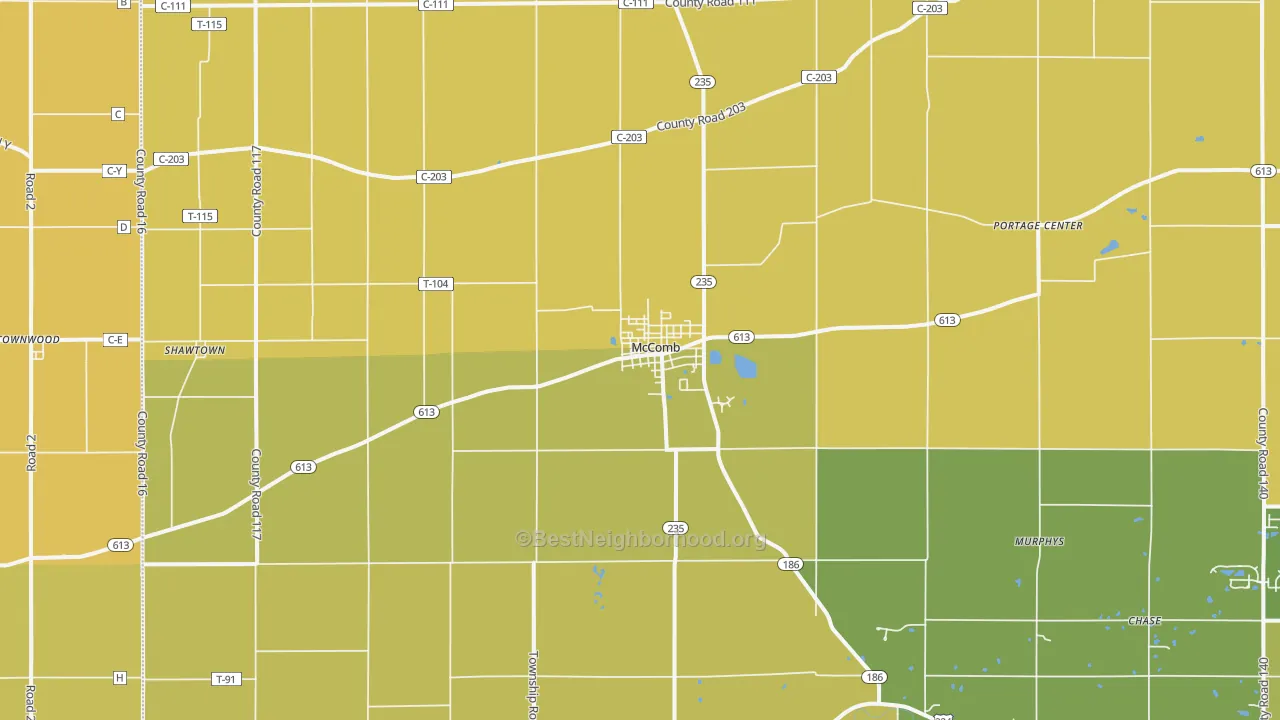 Map of the best neighborhoods in the 45858 area, with better matches in green and worse matches in red