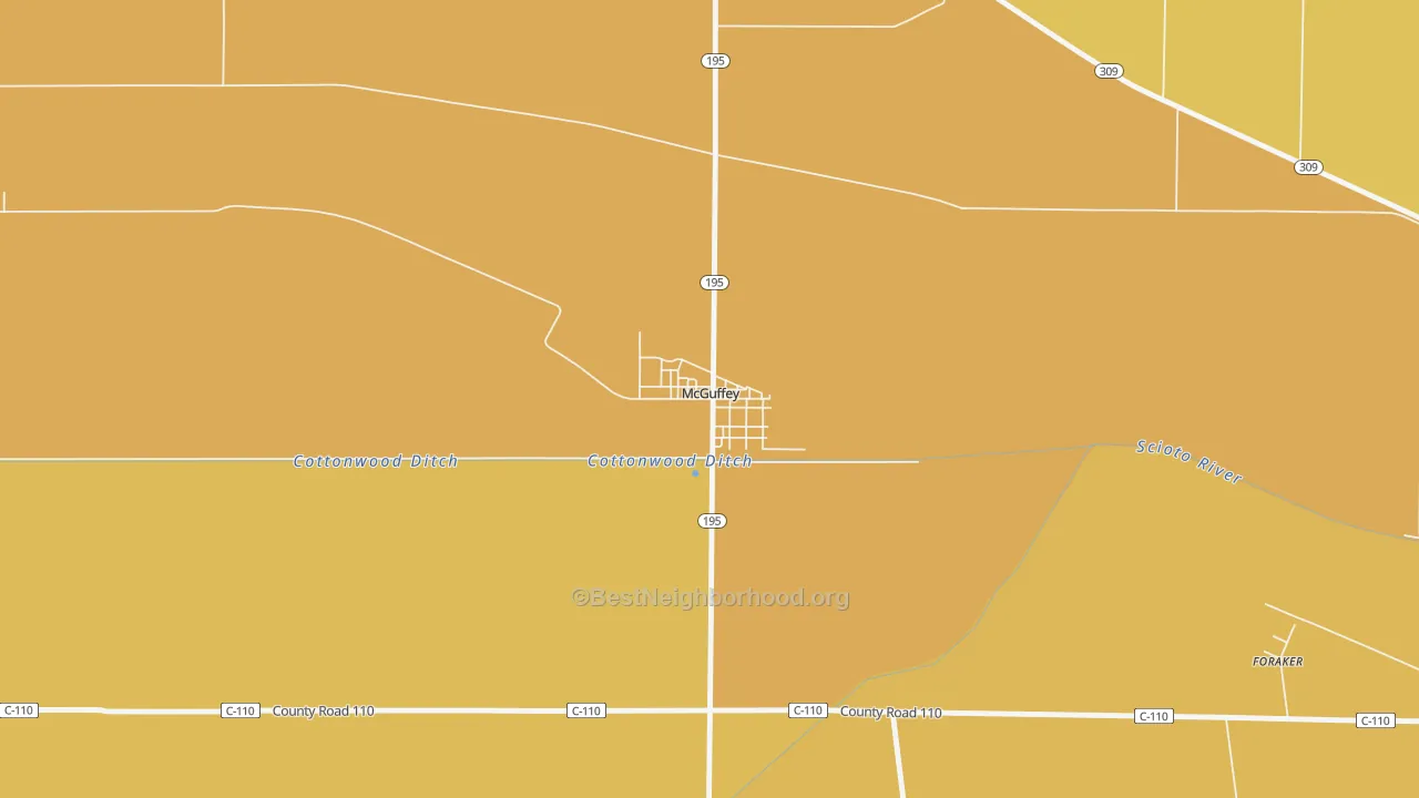 Map of the best neighborhoods in the 45859 area, with better matches in green and worse matches in red