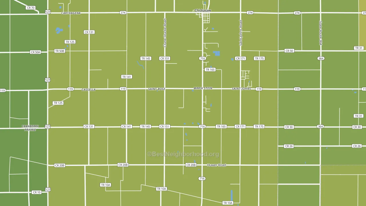 Map of the best neighborhoods in the 45860 area, with better matches in green and worse matches in red
