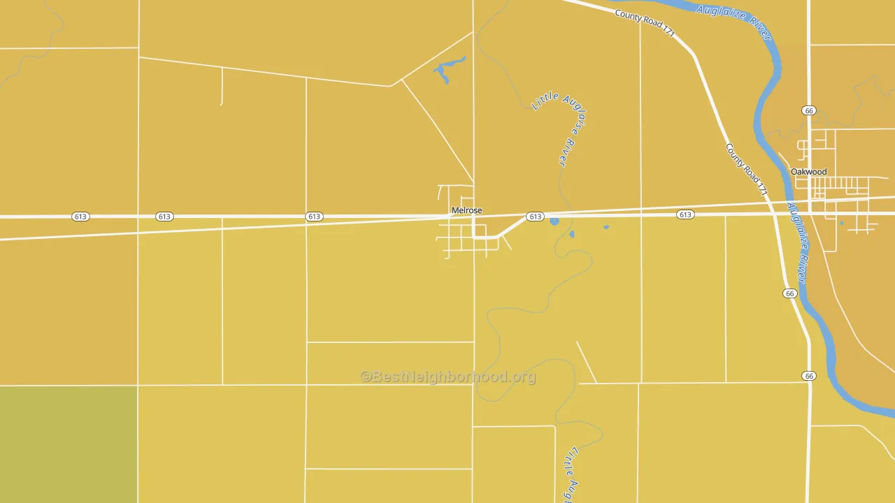 Map of the best neighborhoods in the 45861 area, with better matches in green and worse matches in red