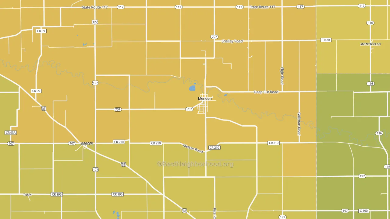 Map of the best neighborhoods in the 45862 area, with better matches in green and worse matches in red