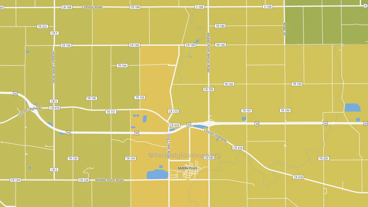 Map of the best neighborhoods in the 45863 area, with better matches in green and worse matches in red