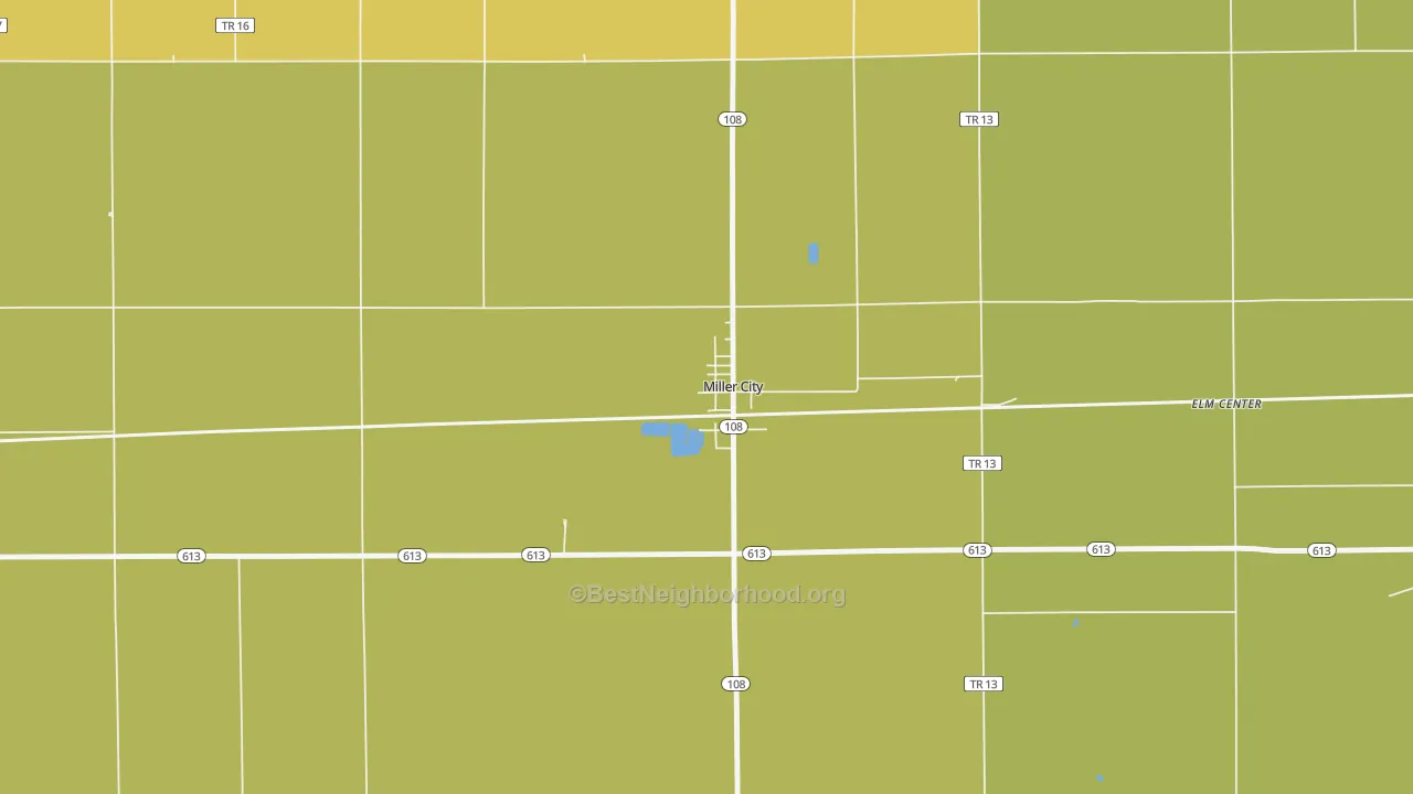 Map of the best neighborhoods in the 45864 area, with better matches in green and worse matches in red