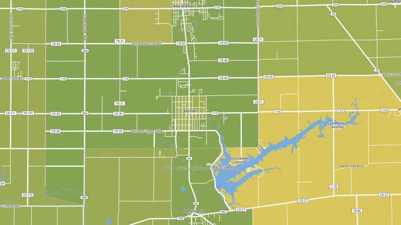 Map of the best neighborhoods in the 45865 area, with better matches in green and worse matches in red