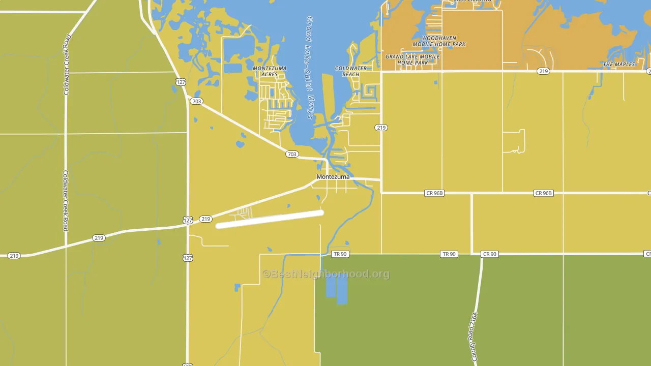 Map of the best neighborhoods in the 45866 area, with better matches in green and worse matches in red