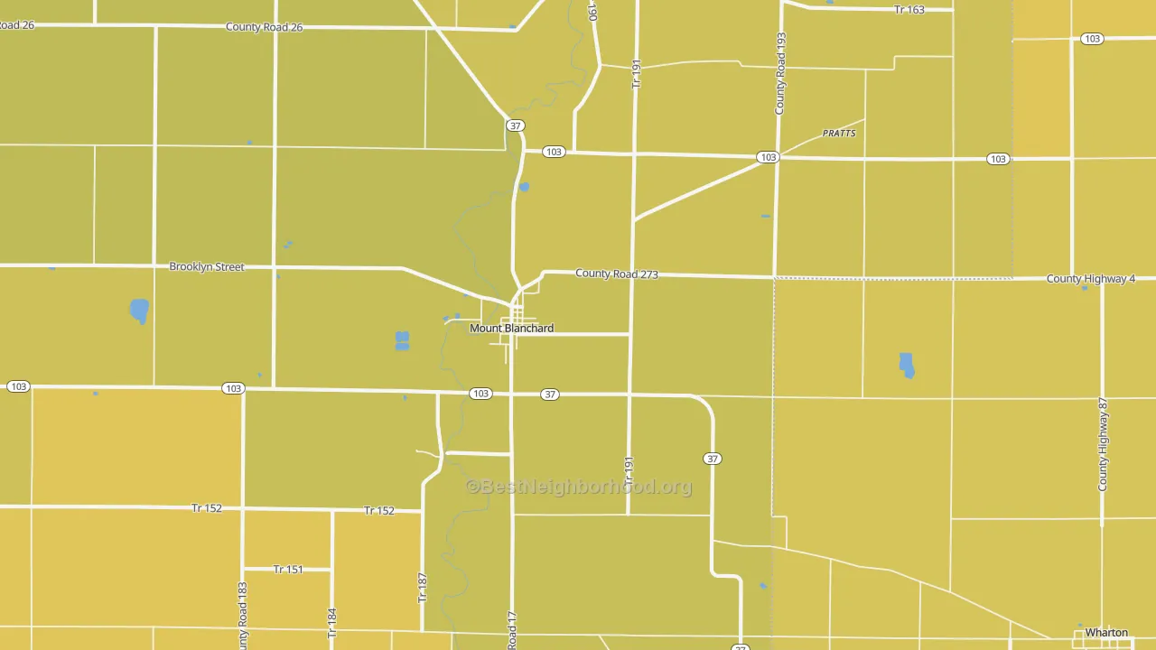 Map of the best neighborhoods in the 45867 area, with better matches in green and worse matches in red
