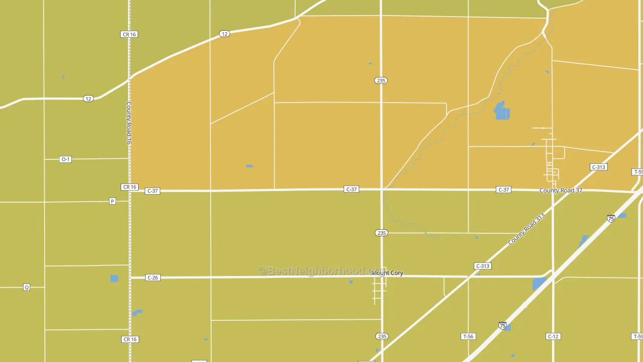 Map of the best neighborhoods in the 45868 area, with better matches in green and worse matches in red