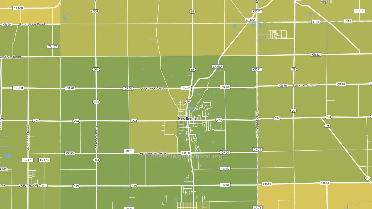 Map of the best neighborhoods in the 45869 area, with better matches in green and worse matches in red
