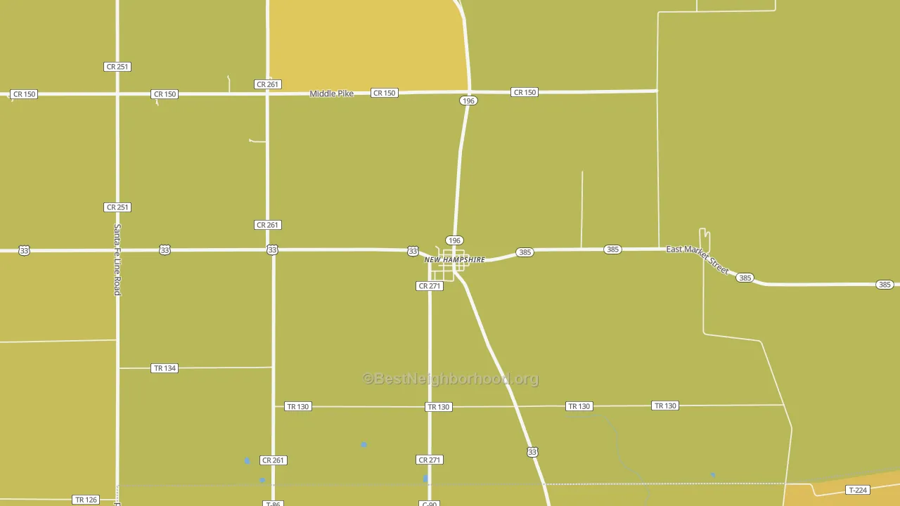 Map of the best neighborhoods in the 45870 area, with better matches in green and worse matches in red