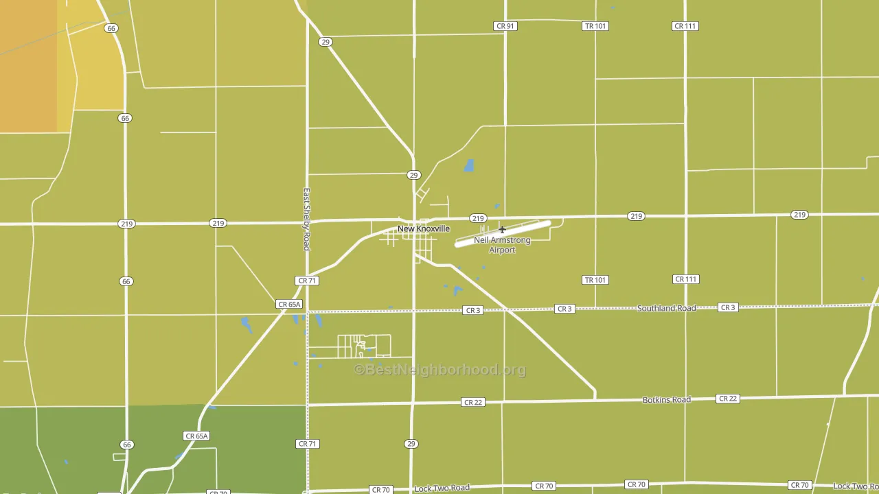 Map of the best neighborhoods in the 45871 area, with better matches in green and worse matches in red