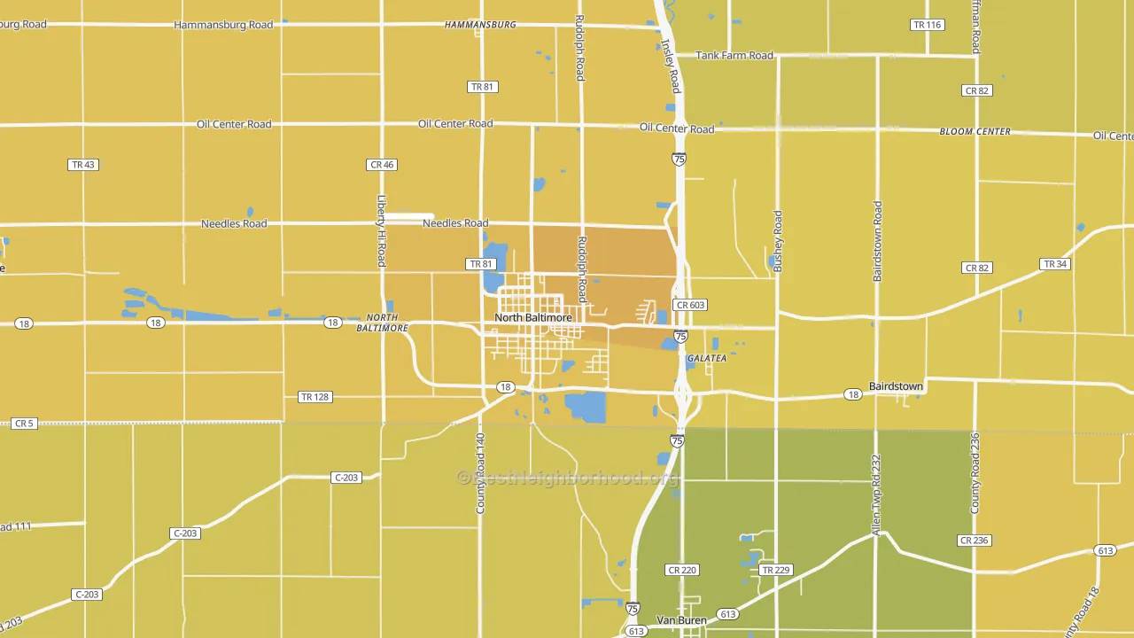 Map of the best neighborhoods in the 45872 area, with better matches in green and worse matches in red