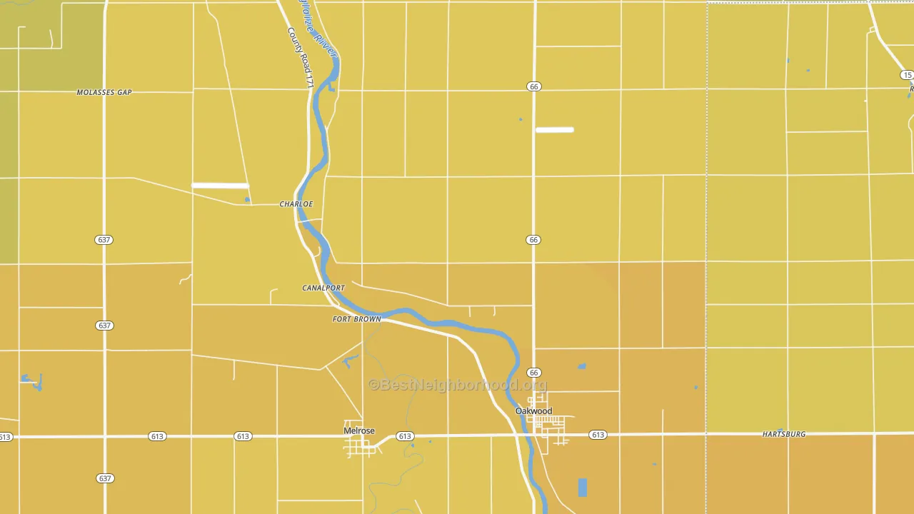 Map of the best neighborhoods in the 45873 area, with better matches in green and worse matches in red