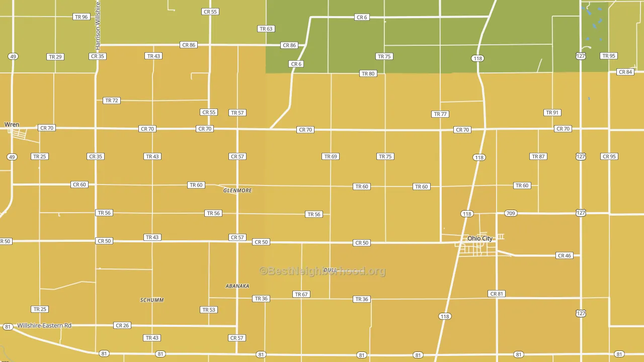 Map of the best neighborhoods in the 45874 area, with better matches in green and worse matches in red