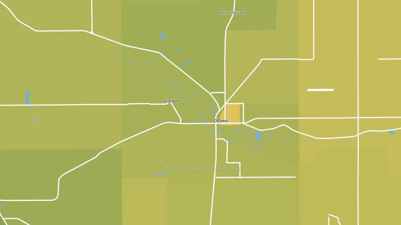 Map of the best neighborhoods in the 45875 area, with better matches in green and worse matches in red