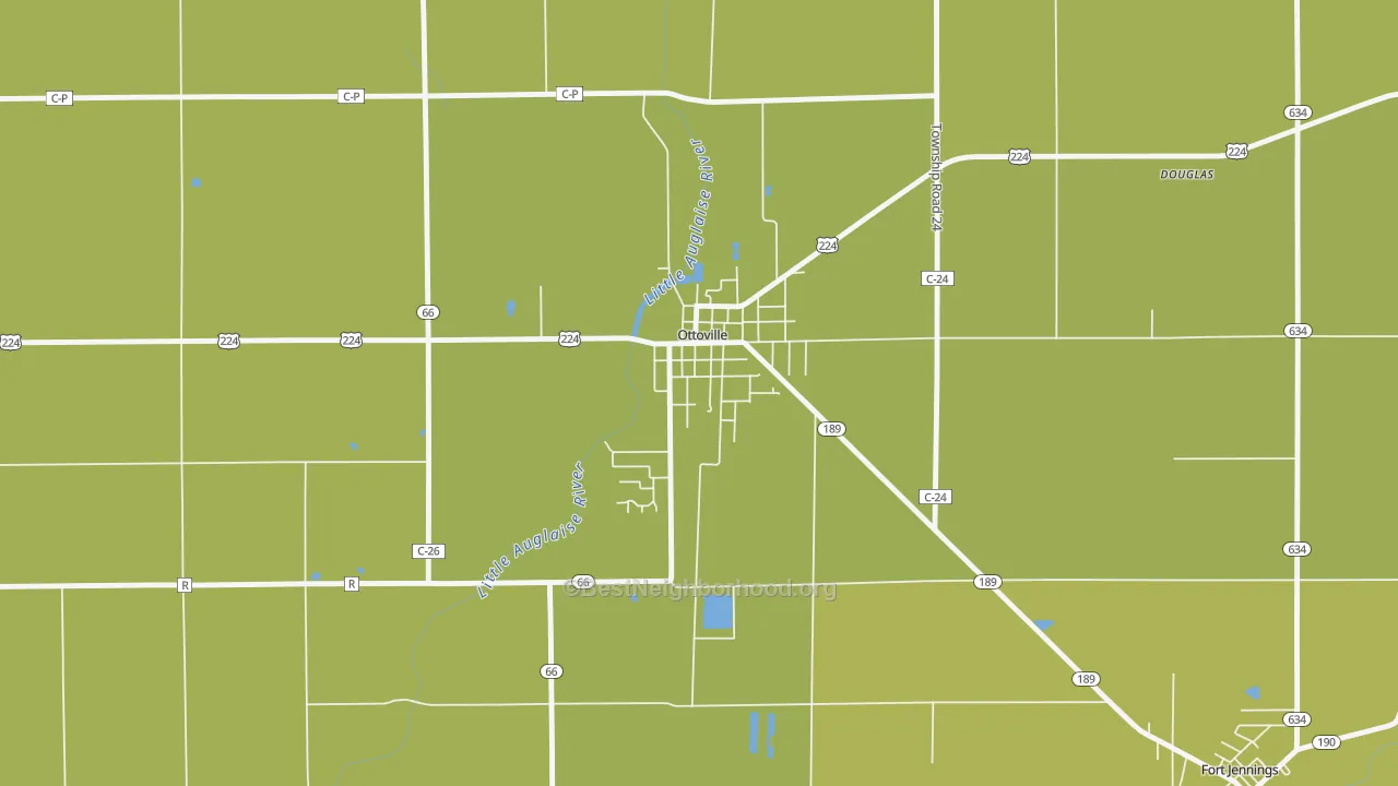 Map of the best neighborhoods in the 45876 area, with better matches in green and worse matches in red