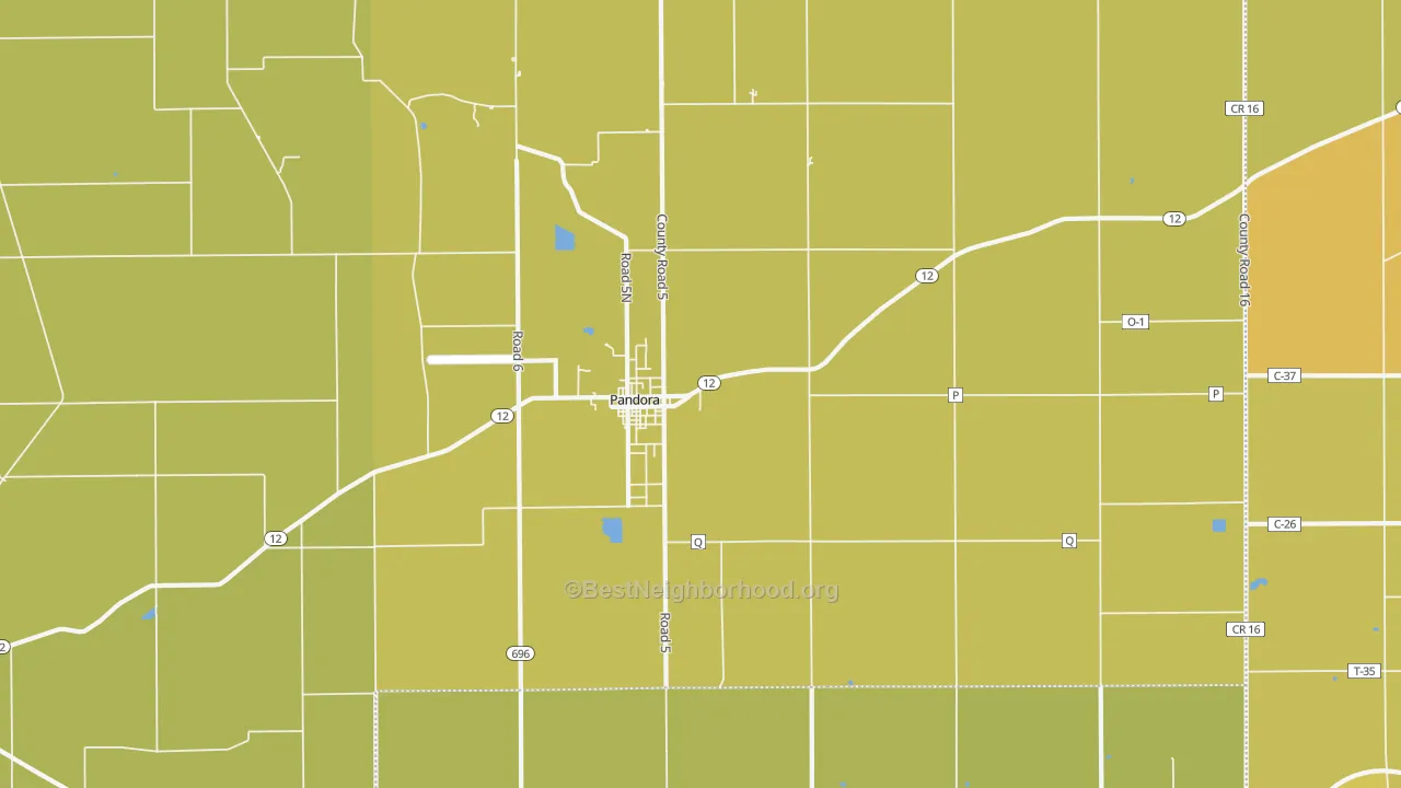 Map of the best neighborhoods in the 45877 area, with better matches in green and worse matches in red