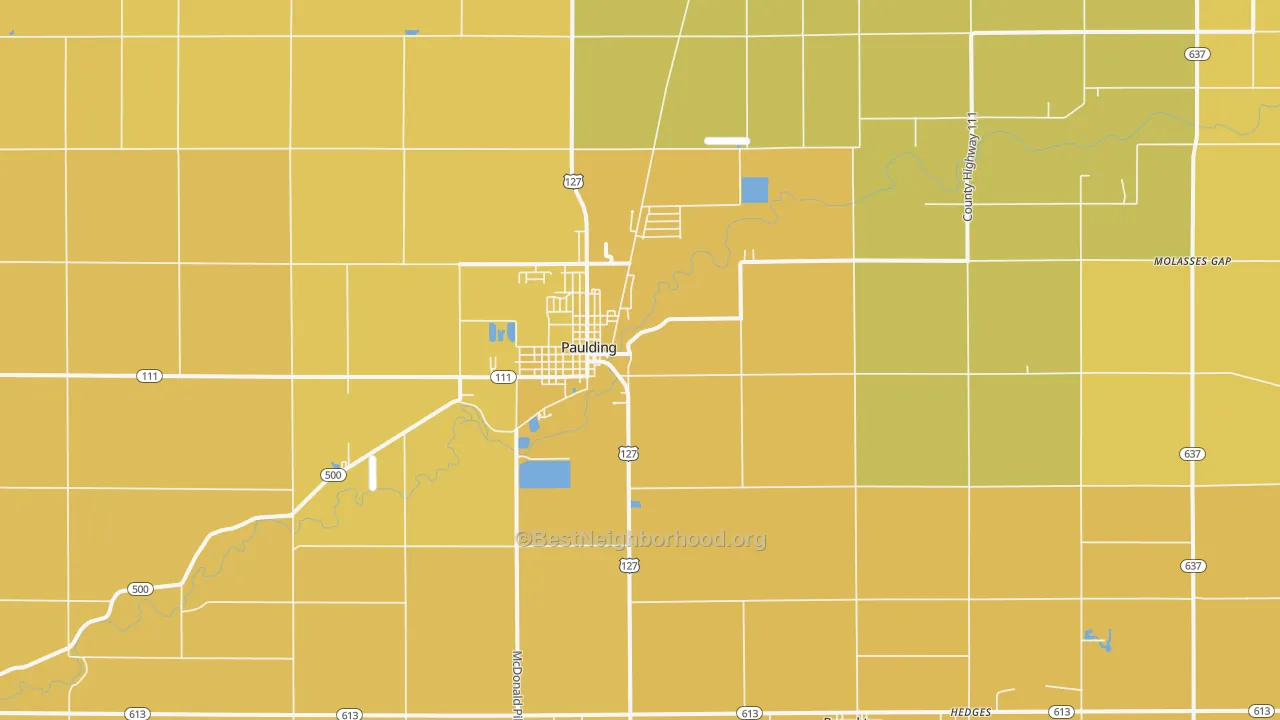 Map of the best neighborhoods in the 45879 area, with better matches in green and worse matches in red