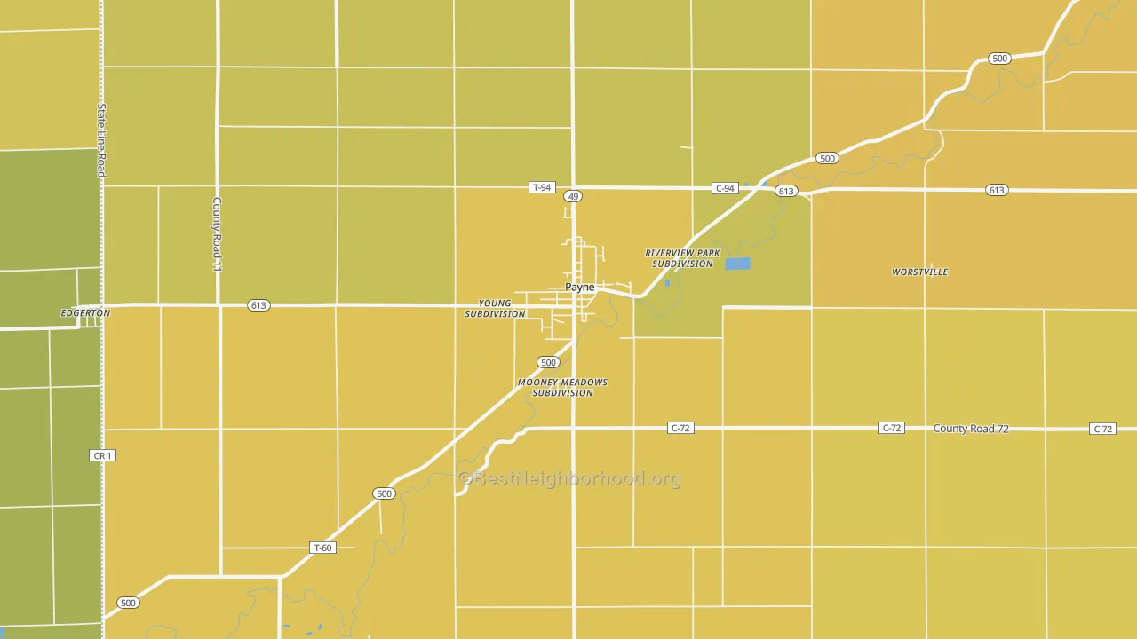 Map of the best neighborhoods in the 45880 area, with better matches in green and worse matches in red