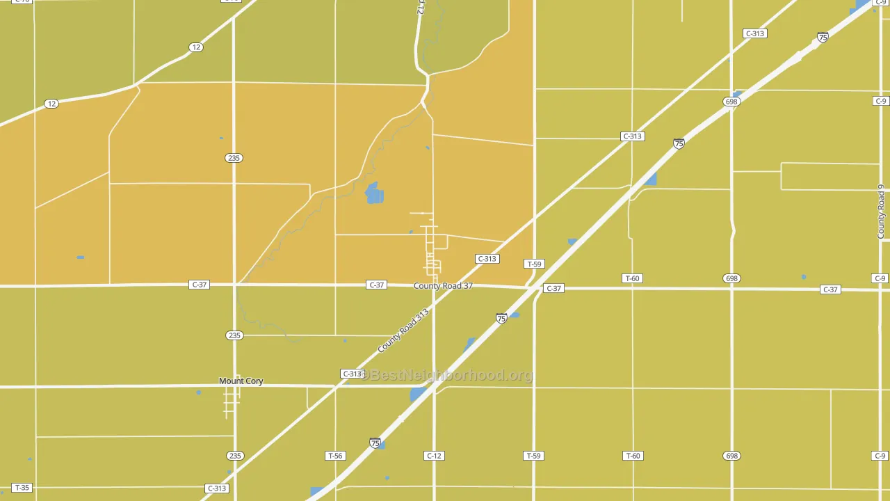 Map of the best neighborhoods in the 45881 area, with better matches in green and worse matches in red