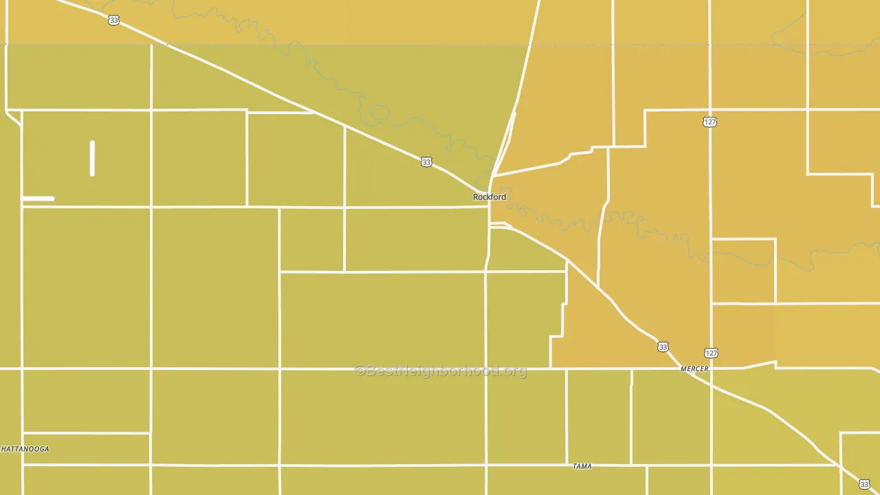 Map of the best neighborhoods in the 45882 area, with better matches in green and worse matches in red