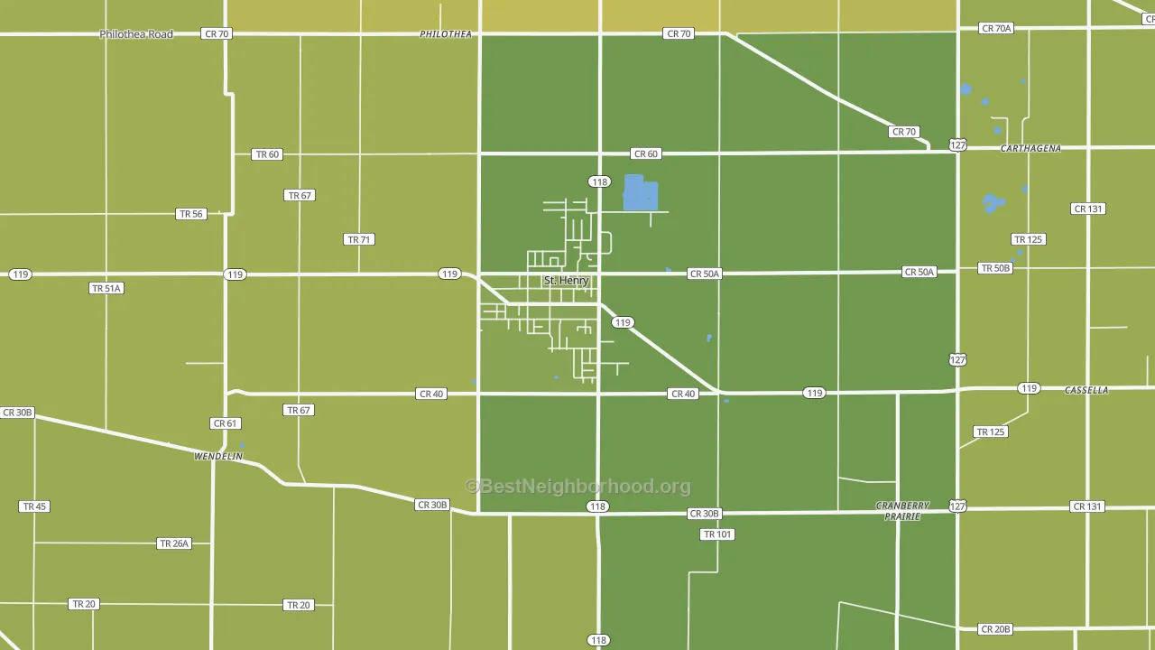 Map of the best neighborhoods in the 45883 area, with better matches in green and worse matches in red
