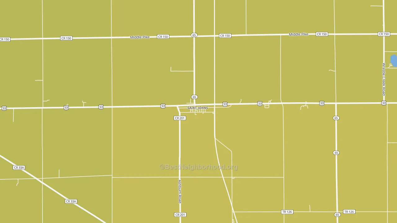 Map of the best neighborhoods in the 45884 area, with better matches in green and worse matches in red