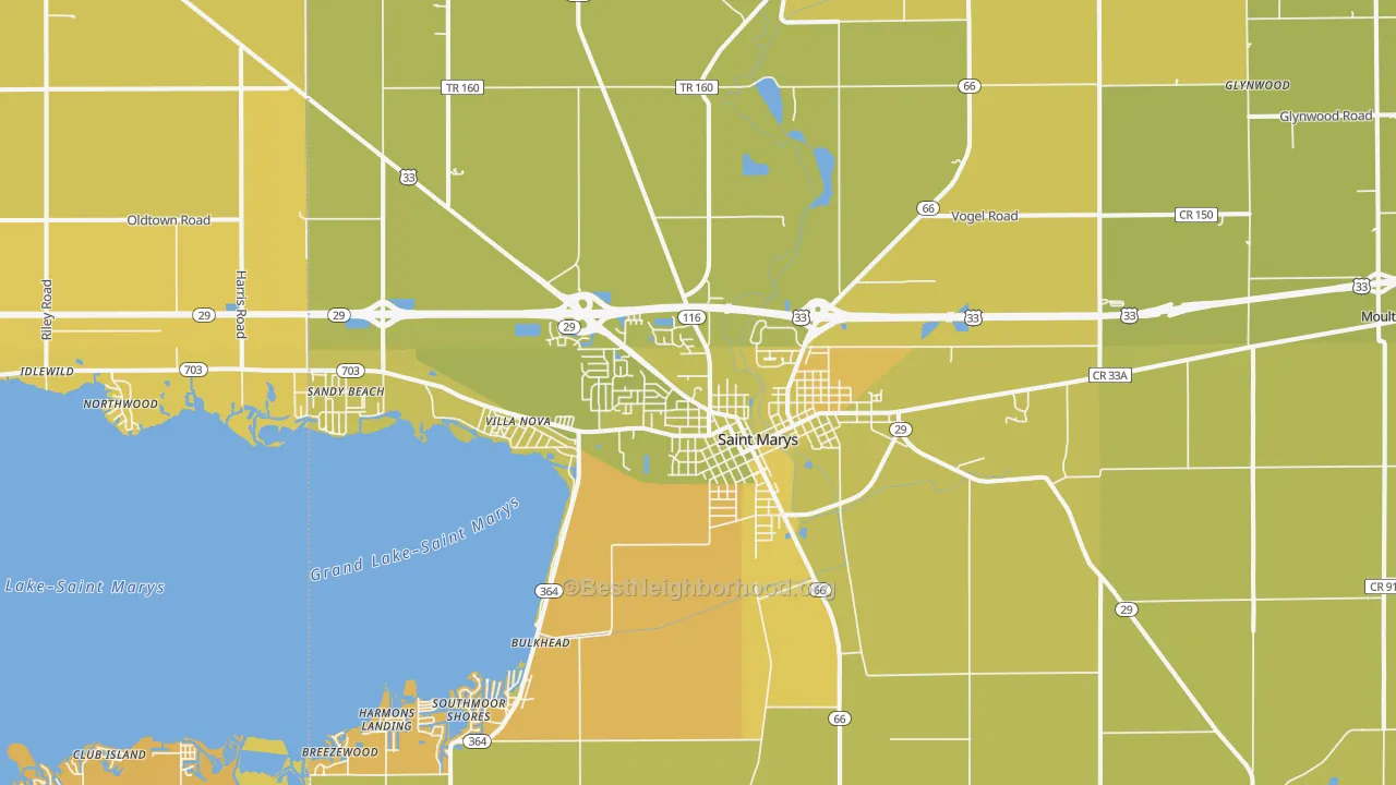 Map of the best neighborhoods in the 45885 area, with better matches in green and worse matches in red