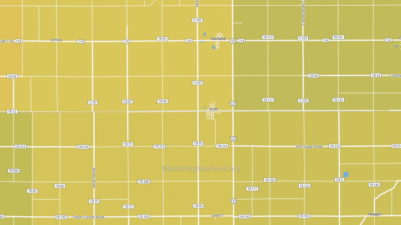 Map of the best neighborhoods in the 45886 area, with better matches in green and worse matches in red