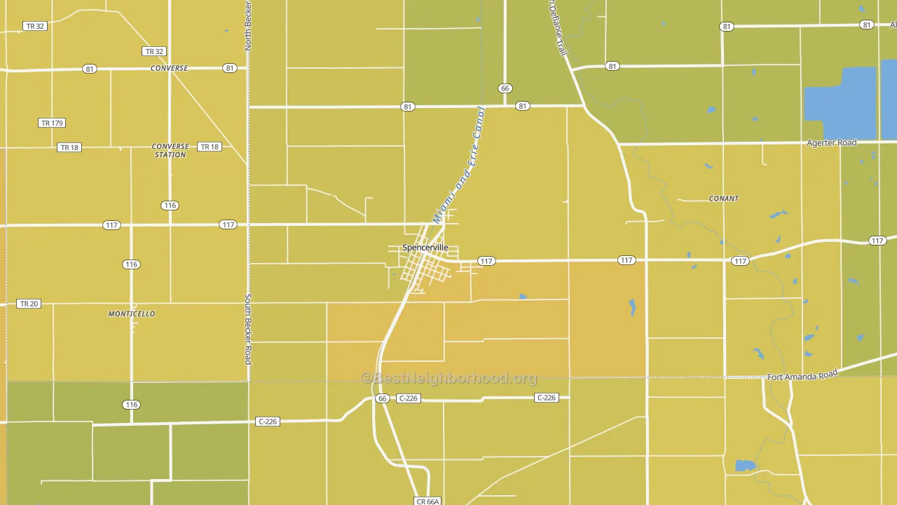Map of the best neighborhoods in the 45887 area, with better matches in green and worse matches in red