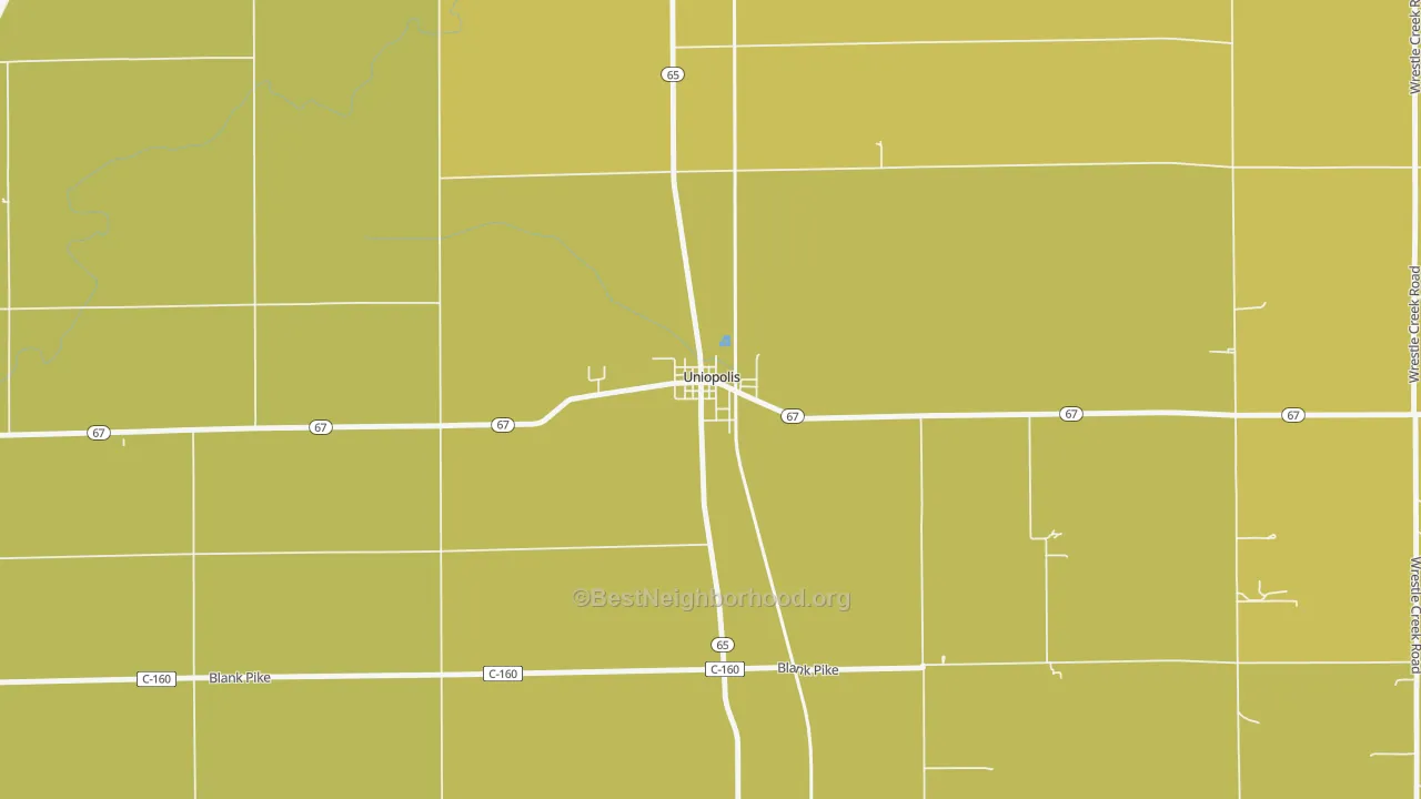 Map of the best neighborhoods in the 45888 area, with better matches in green and worse matches in red