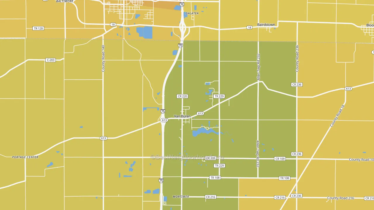 Map of the best neighborhoods in the 45889 area, with better matches in green and worse matches in red
