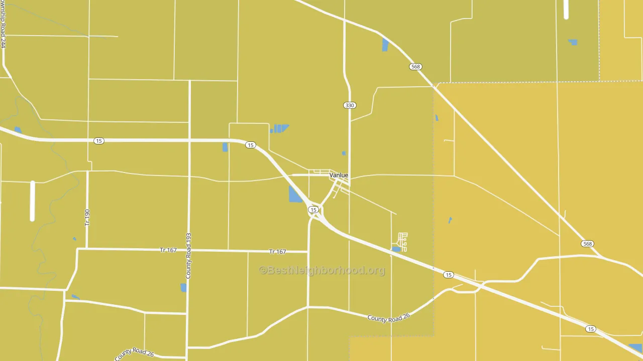 Map of the best neighborhoods in the 45890 area, with better matches in green and worse matches in red