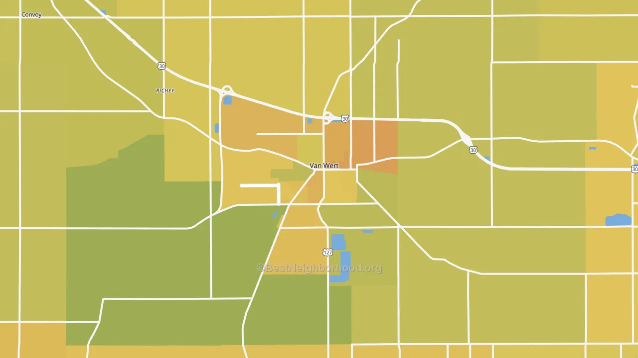 Map of the best neighborhoods in the 45891 area, with better matches in green and worse matches in red
