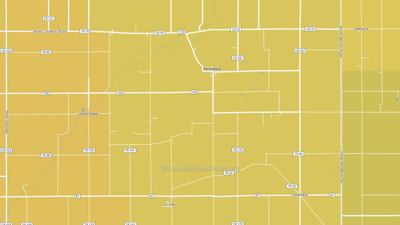 Map of the best neighborhoods in the 45894 area, with better matches in green and worse matches in red