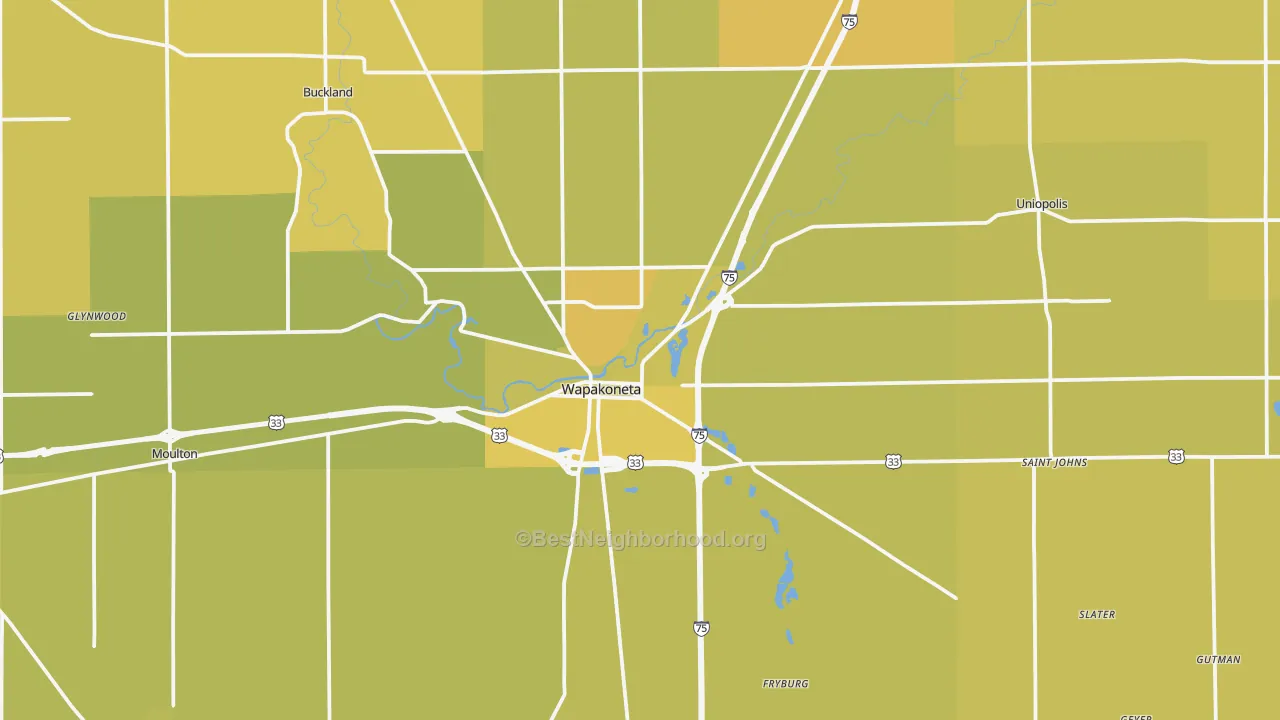 Map of the best neighborhoods in the 45895 area, with better matches in green and worse matches in red