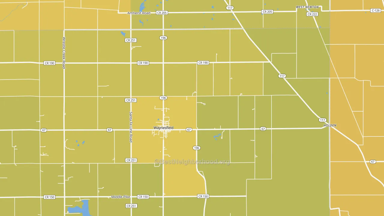 Map of the best neighborhoods in the 45896 area, with better matches in green and worse matches in red