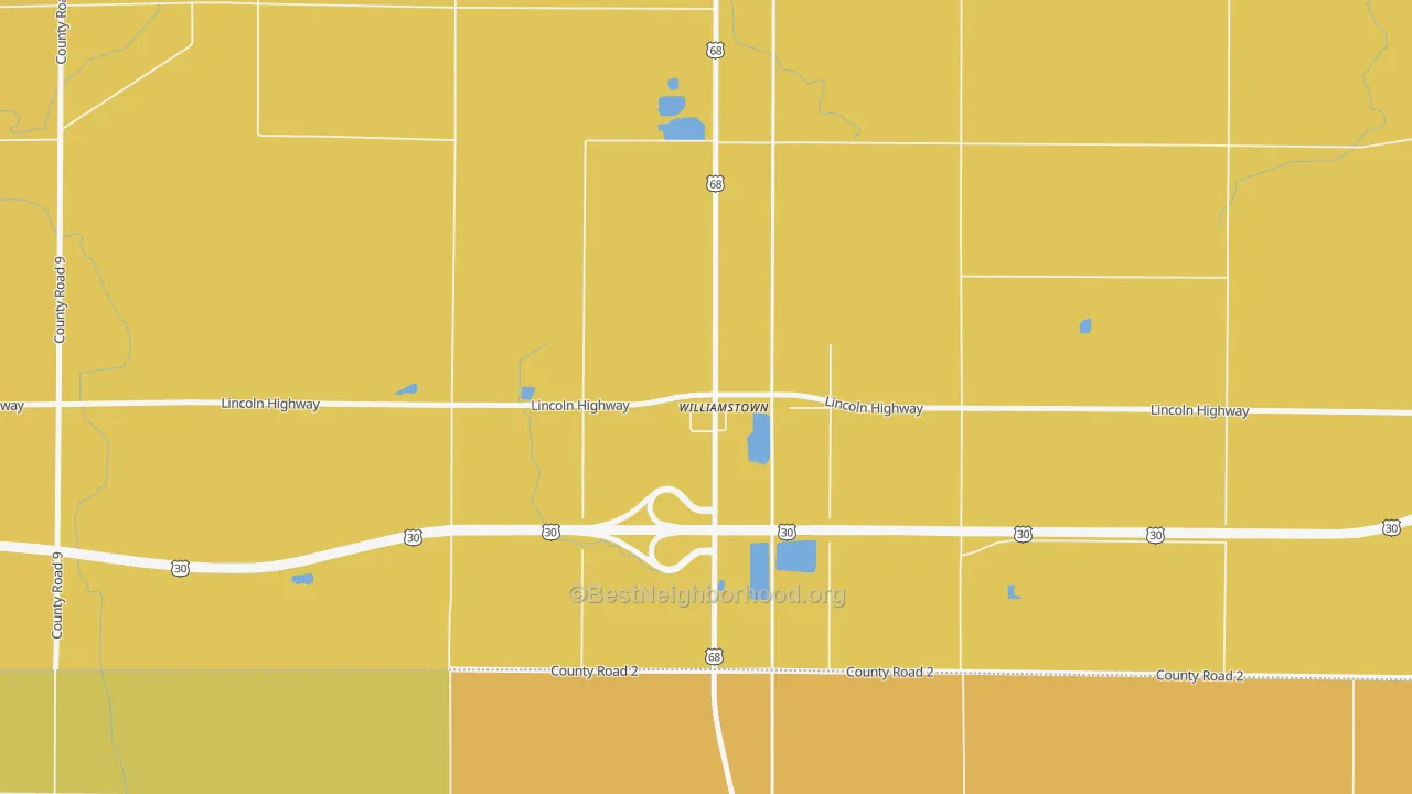 Map of the best neighborhoods in the 45897 area, with better matches in green and worse matches in red