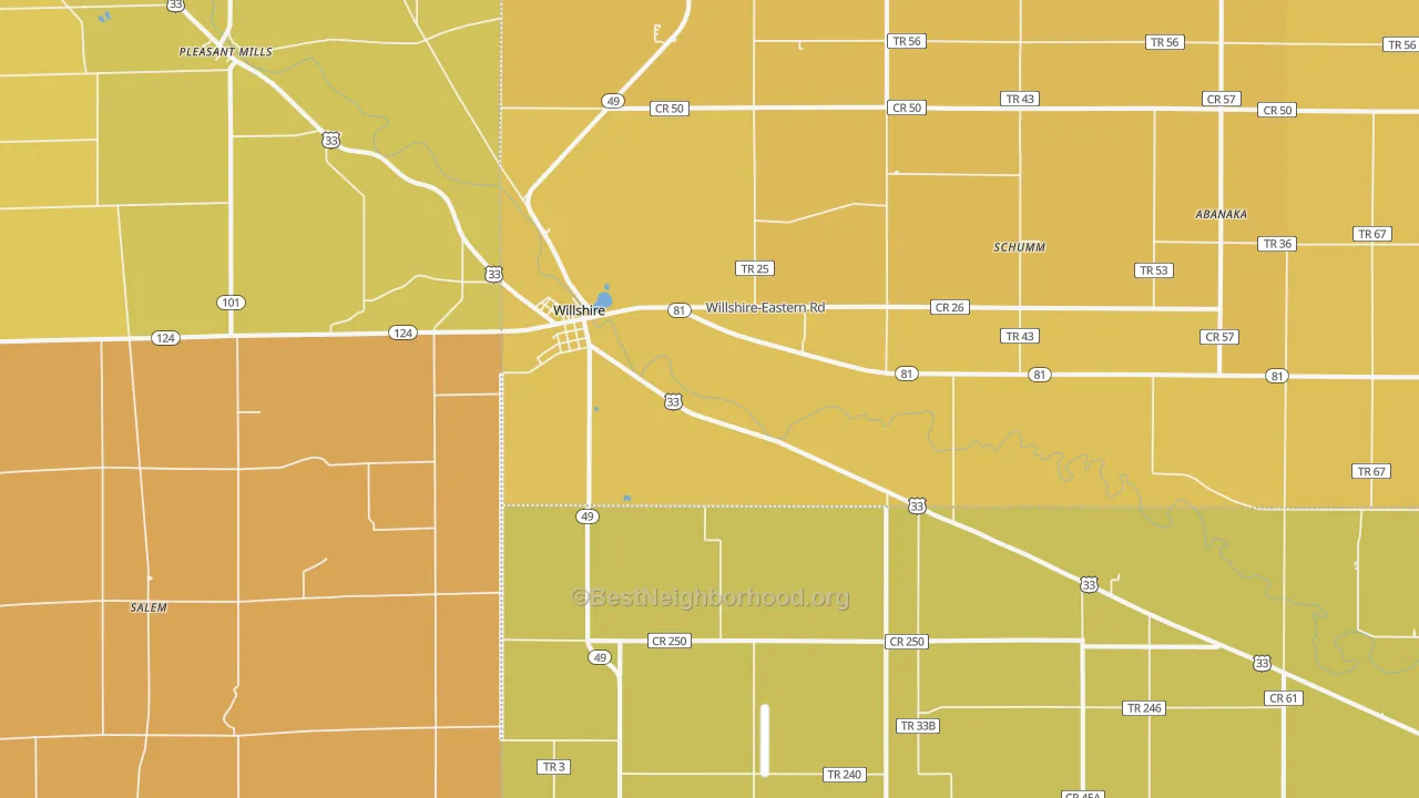 Map of the best neighborhoods in the 45898 area, with better matches in green and worse matches in red