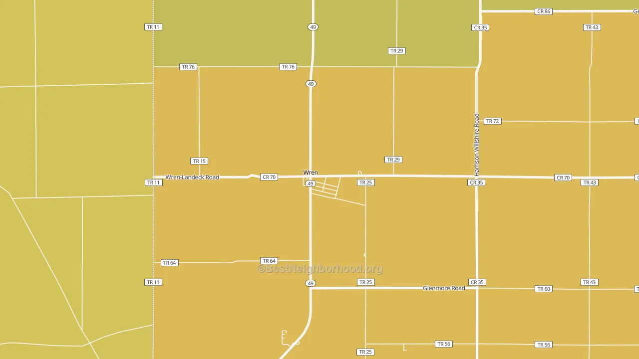 Map of the best neighborhoods in the 45899 area, with better matches in green and worse matches in red