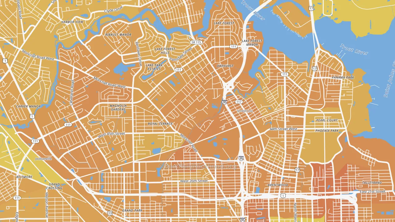 Map of the best neighborhoods in the 45th and Moncrief, Jacksonville area, with better matches in green and worse matches in red