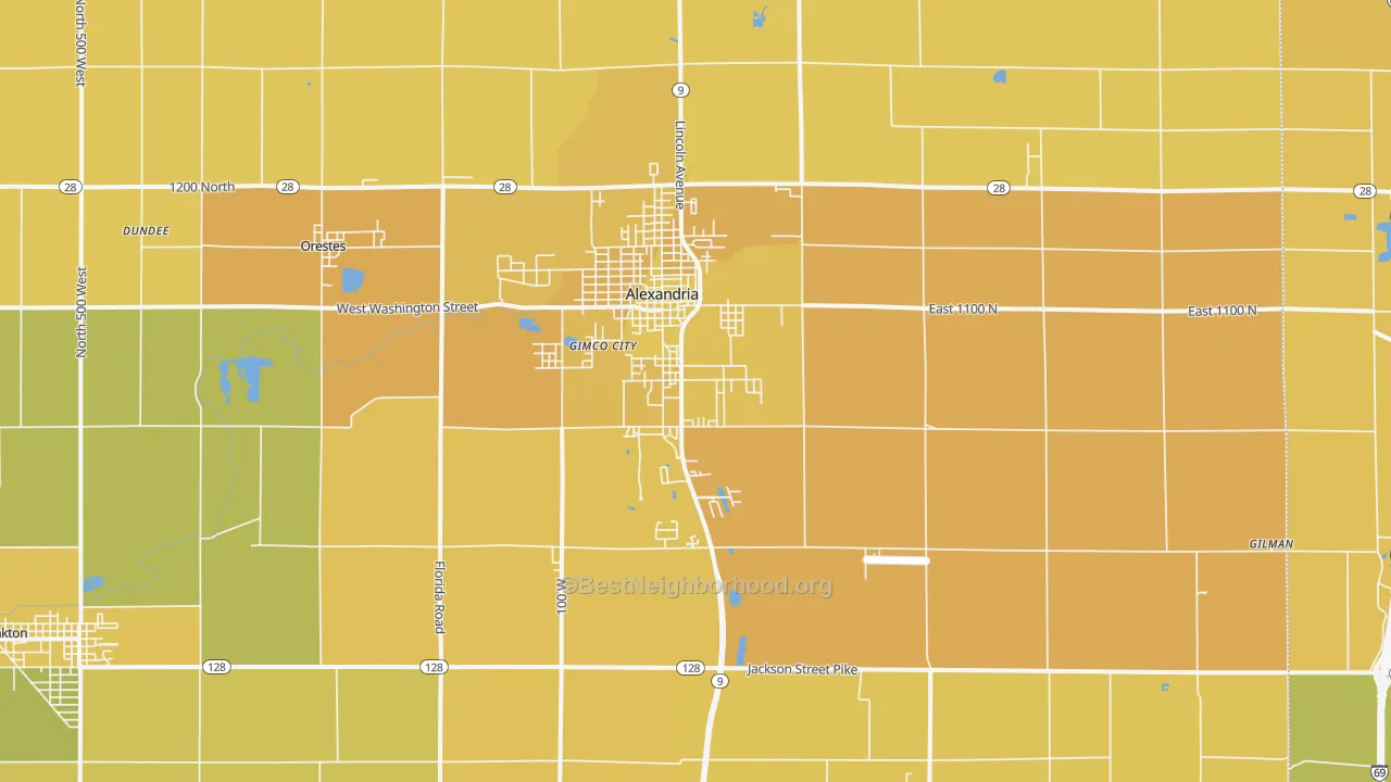 Map of the best neighborhoods in the 46001 area, with better matches in green and worse matches in red