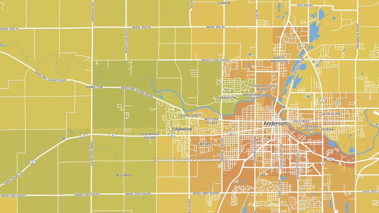 Map of the best neighborhoods in the 46011 area, with better matches in green and worse matches in red