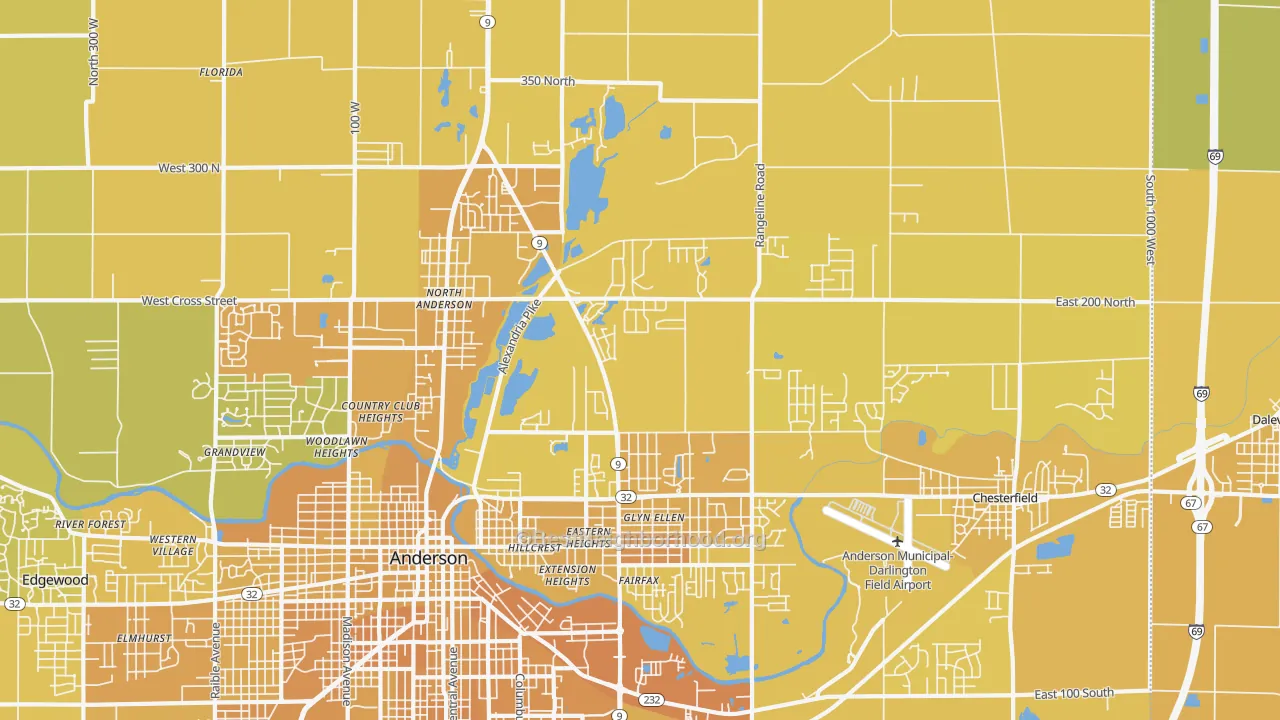 Map of the best neighborhoods in the 46012 area, with better matches in green and worse matches in red