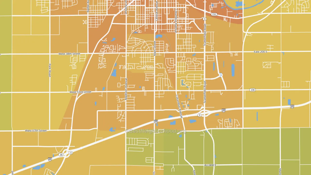 Map of the best neighborhoods in the 46013 area, with better matches in green and worse matches in red