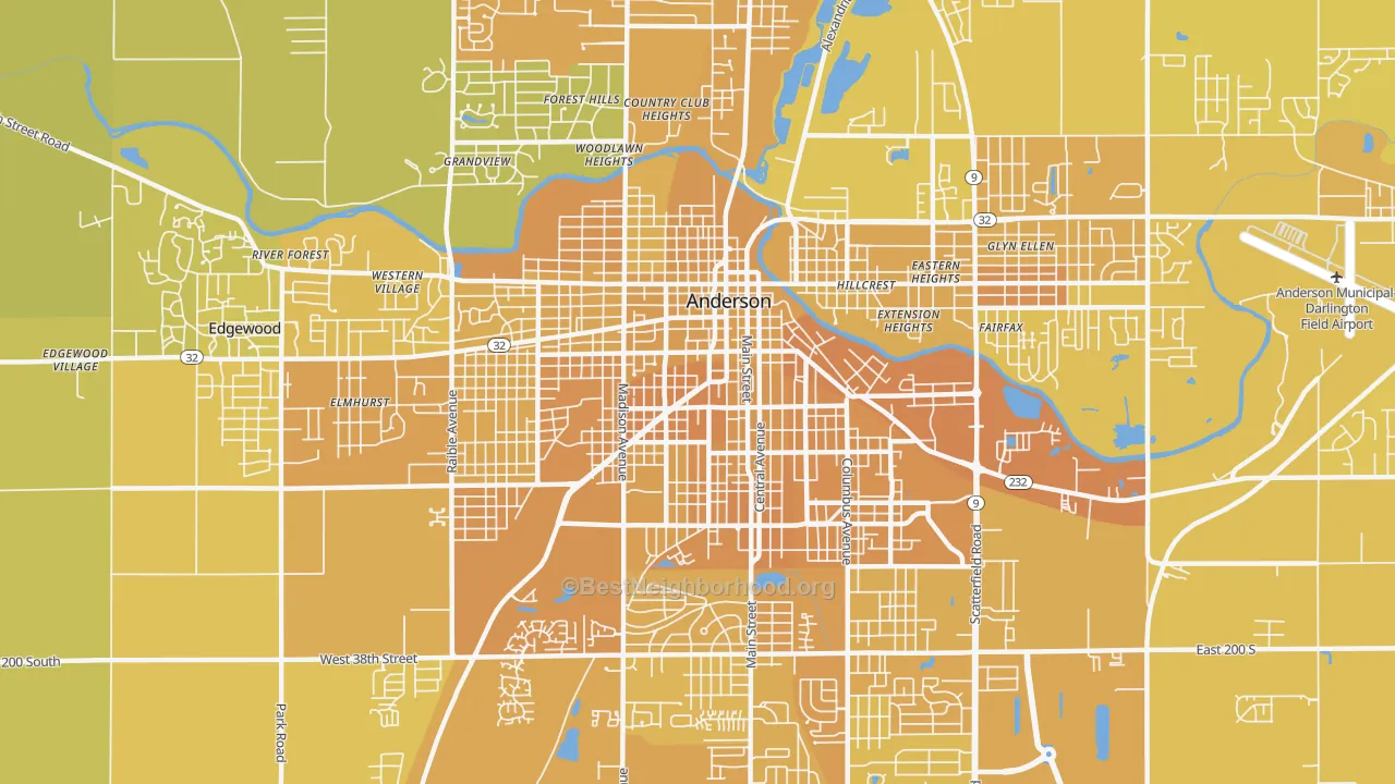 Map of the best neighborhoods in the 46016 area, with better matches in green and worse matches in red