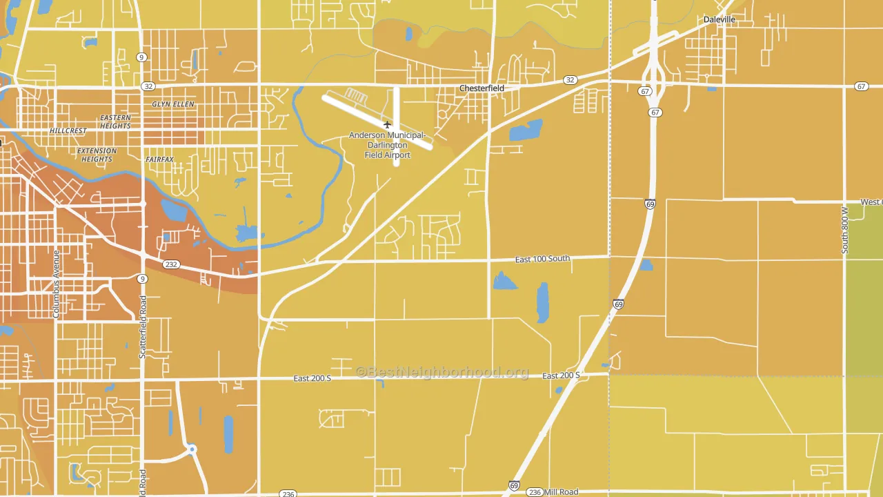 Map of the best neighborhoods in the 46017 area, with better matches in green and worse matches in red
